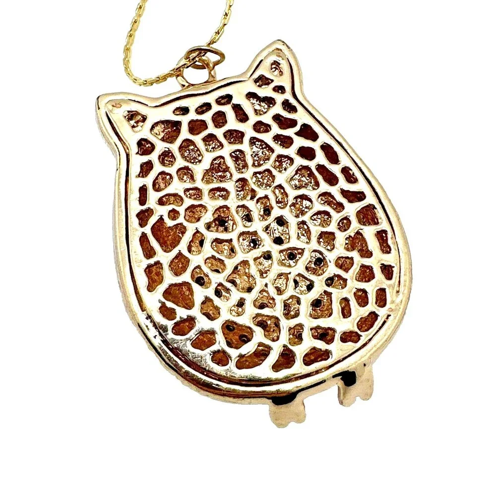 Vintage 80s Large Rhinestone Owl Pendant Necklace Pink Enamel Red Eyes Crystals